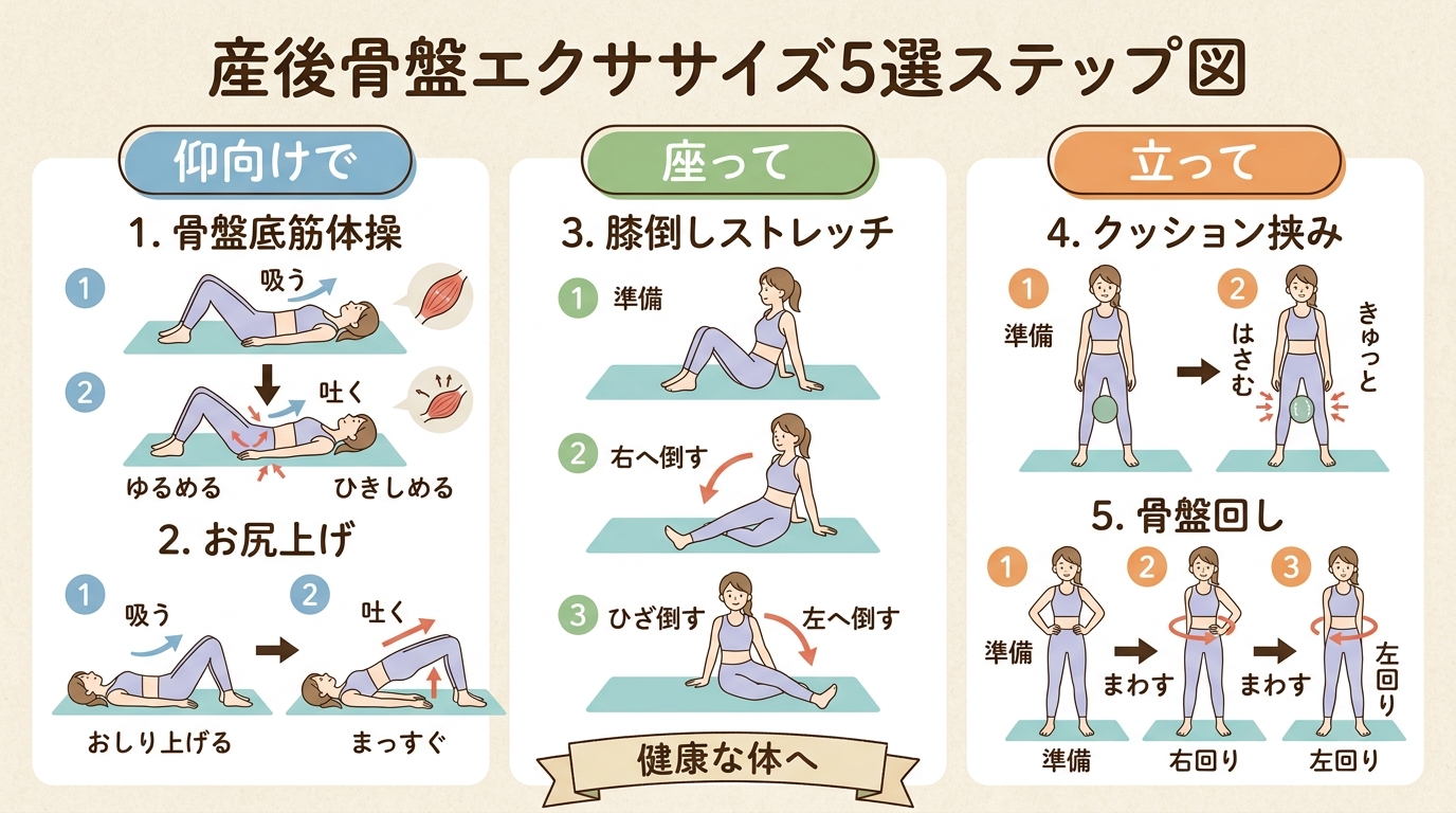 産後の骨盤エクササイズ5種ステップ図（仰向け・座位・立位の3ポジション）。「骨盤底筋体操」「お尻上げ」「膝倒しストレッチ」「クッション挟み」「骨盤回し」の日本語...