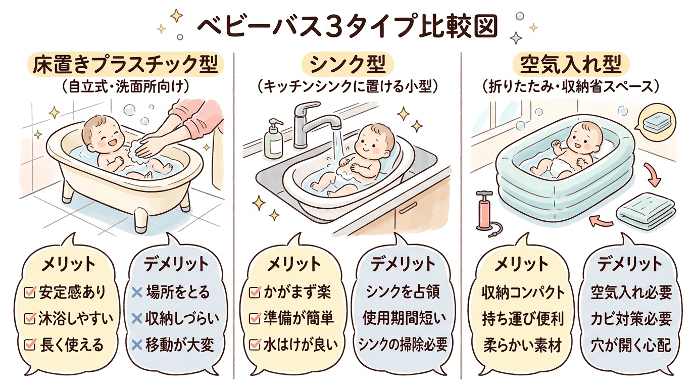 ベビーバス3タイプを横並びに比較したイラスト。左から「床置きプラスチック型（自立式・洗面所向け）」「シンク型（キッチンシンクに置ける小型）」「空気入れ型（折りた...