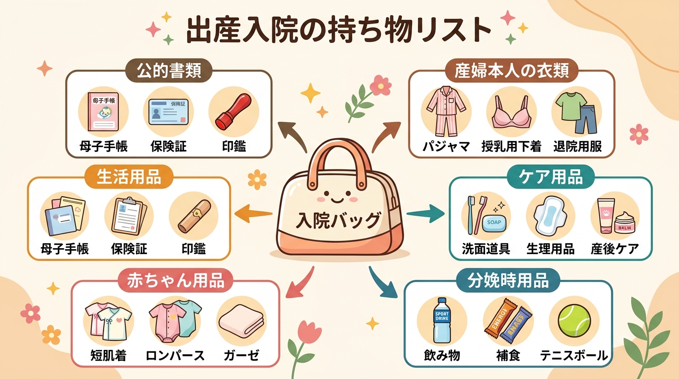 出産入院の持ち物カテゴリ分類インフォグラフィック。中央に「入院バッグ」のイラストを配置し、周囲に「公的書類」「産婦本人の衣類」「ケア用品」「分娩時用品」「赤ちゃ...