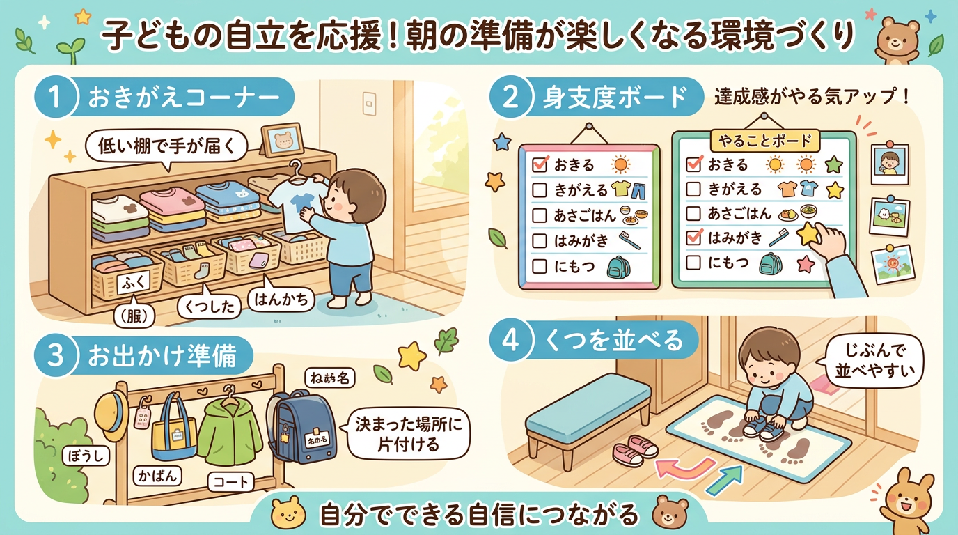 子どもが自分で朝の準備をできる環境設定のインフォグラフィック。低い棚に服を置く、身支度ボードの例、靴を並べるコーナーなど。明るいパステル調、子育てフレンドリー