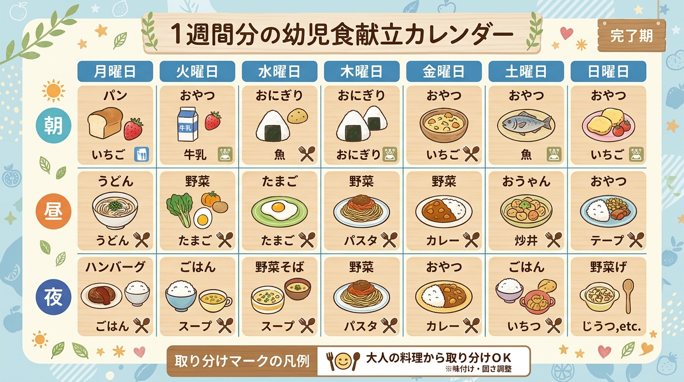 1週間分の幼児食献立カレンダーインフォグラフィック。月〜日の7列、朝・昼・夜の3行のマトリクス形式。各セルに料理名（おにぎり・うどん・ハンバーグ等）と小さなアイ...