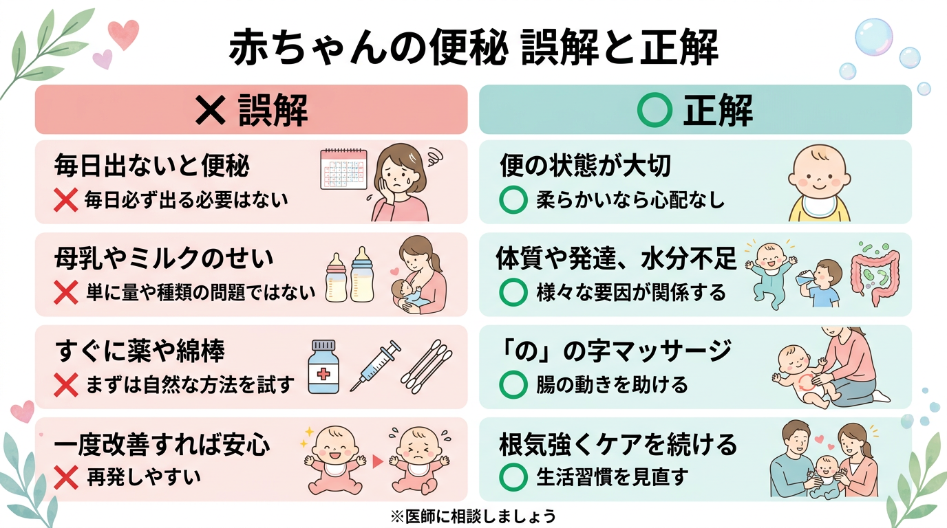 赤ちゃんの便秘にまつわる誤解をマルバツで比較した図解。画像内のすべてのテキスト・ラベル・見出しは自然な日本語のみで書くこと。英語・ローマ字・アルファベットは一切...