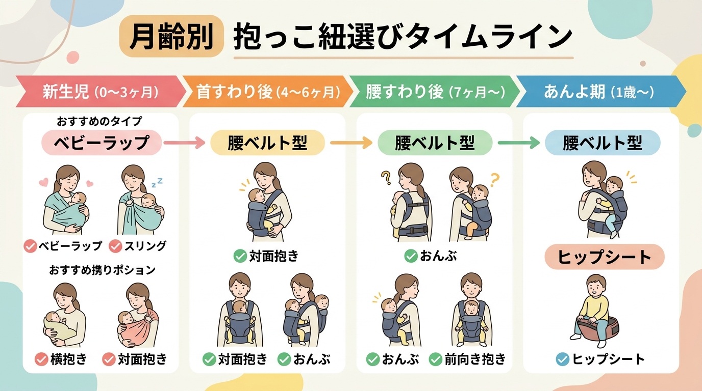 月齢別の抱っこ紐タイプ選びタイムライン。横軸に「新生児（0〜3ヶ月）」「首すわり後（4〜6ヶ月）」「腰すわり後（7ヶ月〜）」「あんよ期（1歳〜）」の4段階。各段...