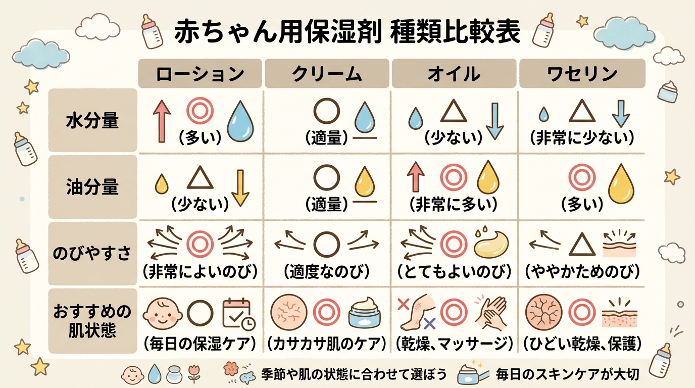 赤ちゃん用保湿剤の種類比較表。横軸に「ローション」「クリーム」「オイル」「ワセリン」の4列。縦軸に「水分量」「油分量」「のびやすさ」「おすすめの肌状態」の4行。...