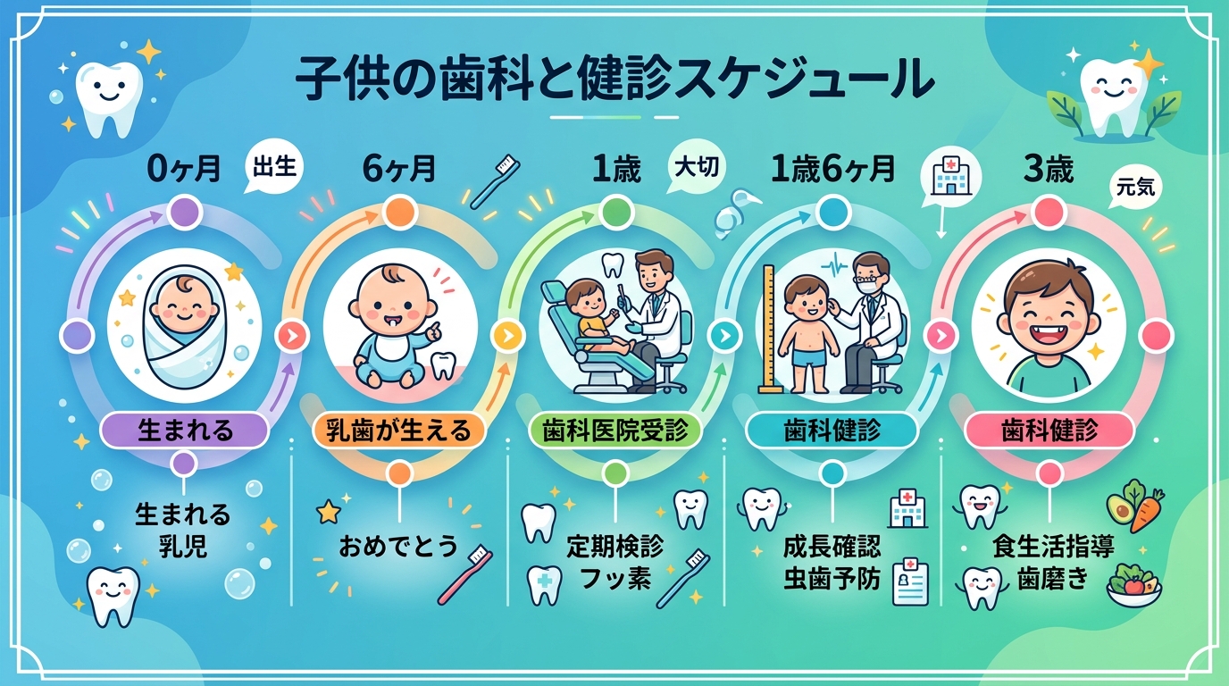 歯科医院受診と健診のタイミングを示すタイムライン。0ヶ月「出生」→6ヶ月「最初の歯が生える」→1歳「歯科医院受診」→1歳6ヶ月「健診」→3歳「健診」という流れ。...