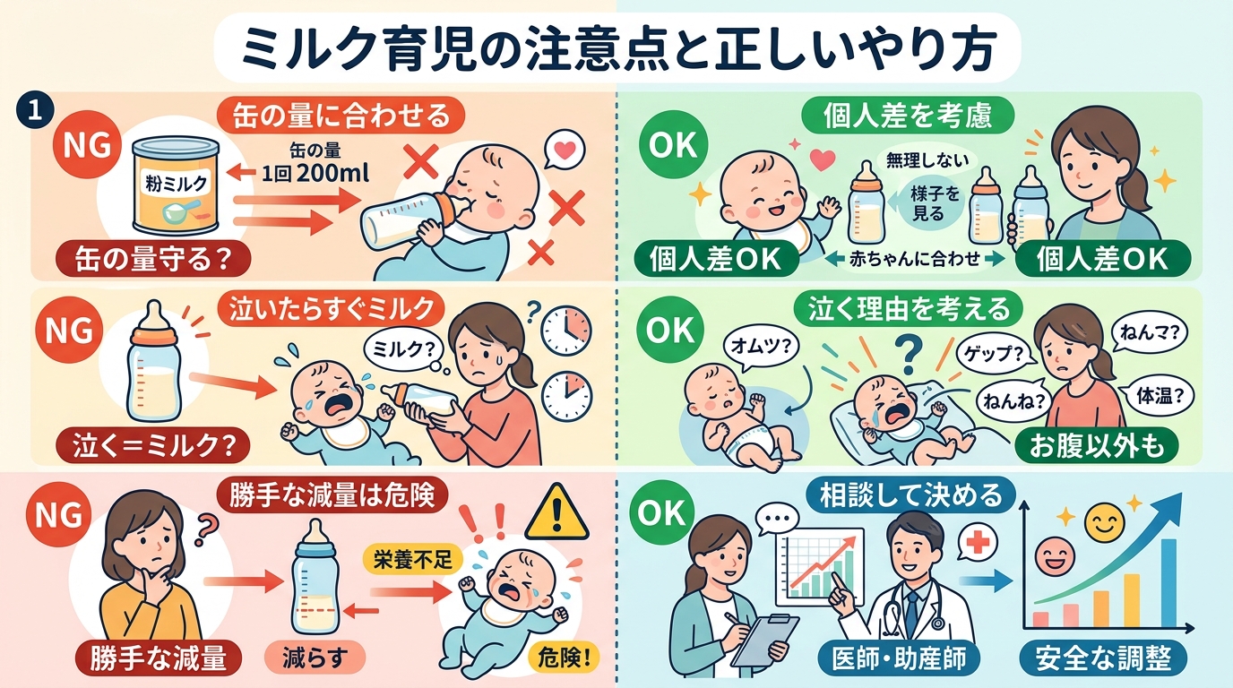 「ng」マークと正しいやり方を対比したイラスト3コマ。「缶の量を必ず飲ませる→実は個人差ok」「泣いたらすぐミルク→お腹以外の理由も」「自己判断でミルクを大幅に...