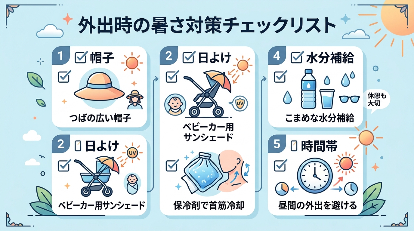 外出時の暑さ対策チェックリスト(5項目)のインフォグラフィック。「帽子」「日よけ」「保冷剤」「水分補給」「時間帯」の5つをチェックボックス形式で。各項目に具体的...