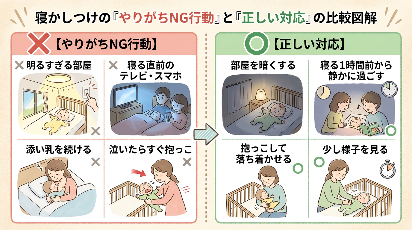寝かしつけの「やりがちng行動」と「正しい対応」を左右で比較する図解。左にバツ印とng例、右にマル印と正解を並べたレイアウト。画像内のすべてのテキスト・ラベル・...