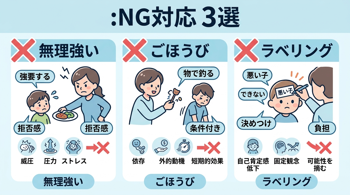 バツ印マーク付きで3つのng対応（無理強い・ごほうび・ラベリング）を日本語テキストで示した注意喚起の図解。画像内のすべてのテキスト・ラベル・見出しは自然な日本語...