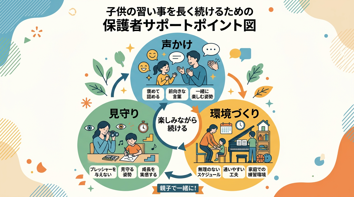 習い事を長く続けるための保護者サポートポイント図 — 声かけ・見守り・環境づくりの3要素