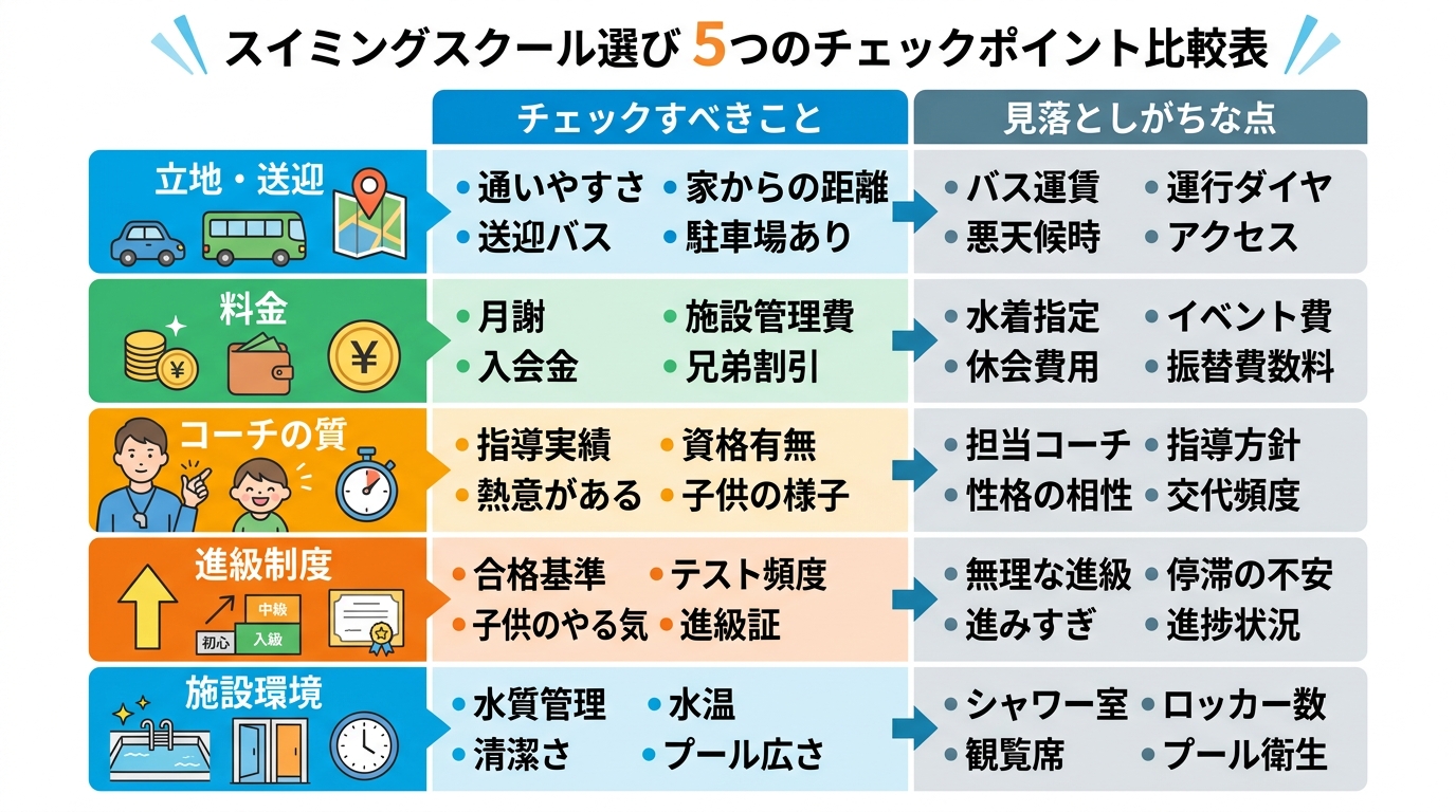 スイミングスクール選び5つのチェックポイント比較表。「立地・送迎」「料金」「コーチの質」「進級制度」「施設環境」の5項目を縦軸に、「チェックすべきこと」「見落と...