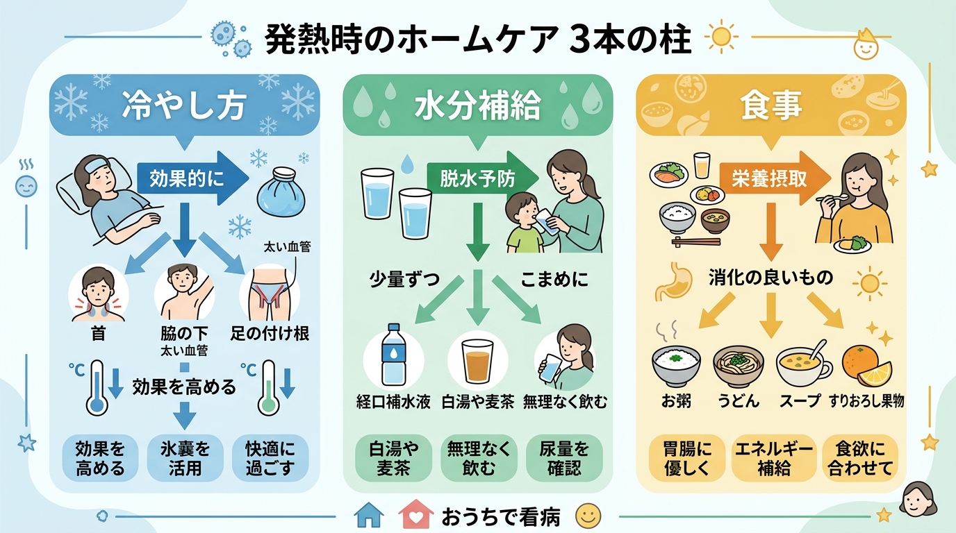 発熱時のホームケア3本柱を比較した3列のインフォグラフィック。「冷やし方」「水分補給」「食事」の3列。冷やし方の列に「首・脇の下・足の付け根」、水分補給の列に「...