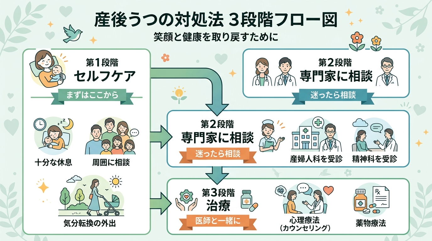 産後うつの対処法を示す3段階フロー図。第1段階「セルフケア」（休息・相談・外出）、第2段階「専門家に相談」（保健師・産婦人科・精神科）、第3段階「治療」（心理療...
