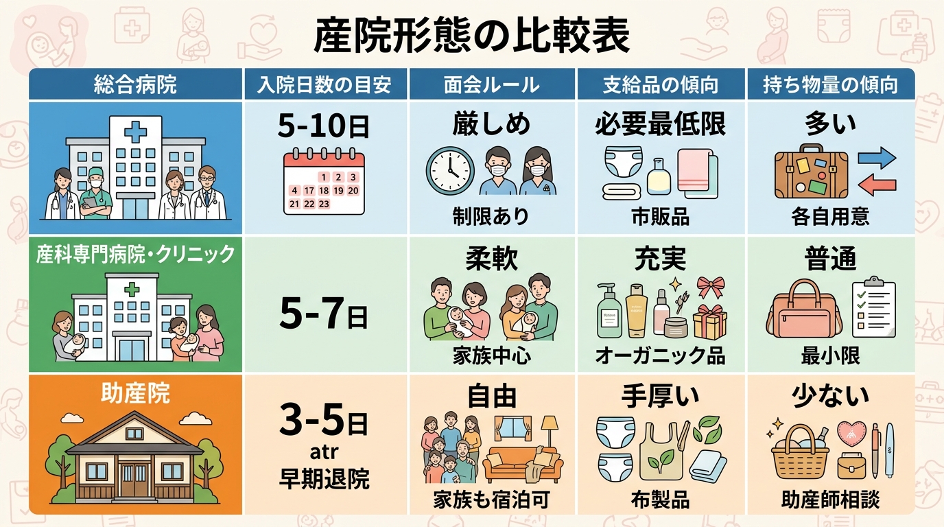 産院形態の比較表インフォグラフィック。「総合病院」「産科専門病院・クリニック」「助産院」の3カテゴリを縦に並べ、各行に「入院日数の目安」「面会ルール」「支給品の...