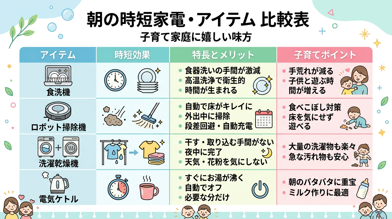 朝の時短に役立つ家電・アイテムの比較表インフォグラフィック。食洗機・ロボット掃除機・洗濯乾燥機・電気ケトルなどのアイコン。明るいパステル調、子育てフレンドリー