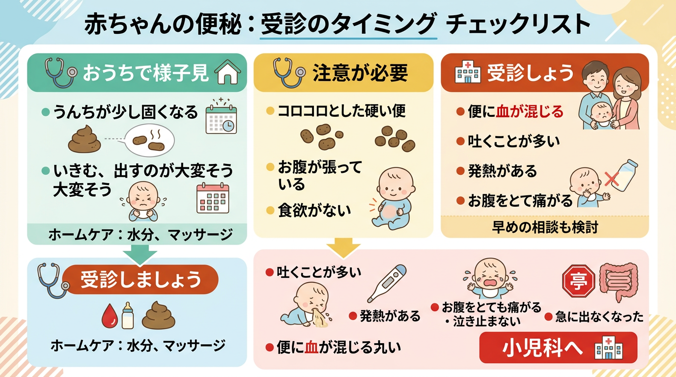 赤ちゃんの便秘で受診すべきサインを段階別に示したチェックリスト。画像内のすべてのテキスト・ラベル・見出しは自然な日本語のみで書くこと。英語・ローマ字・アルファベ...
