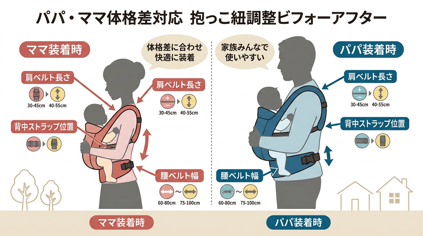 パパとママの体格差に対応する抱っこ紐調整のビフォーアフター図。左に「ママ装着時」、右に「パパ装着時」のシルエット。肩ベルト・腰ベルト・背中ストラップの調整箇所に...