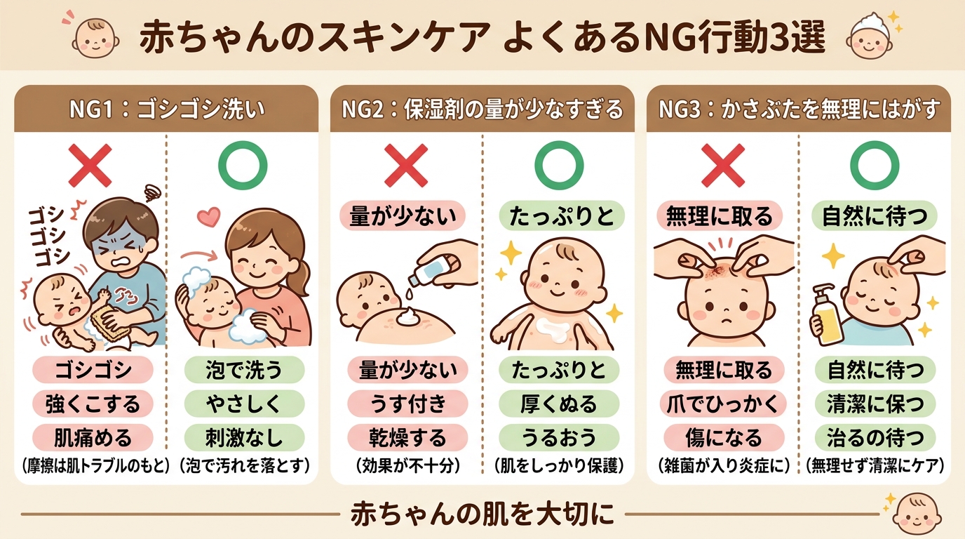 赤ちゃんのスキンケアでよくあるng行動3つのイラスト比較図。「ng1：ゴシゴシ洗い」「ng2：保湿剤の量が少なすぎる」「ng3：かさぶたを無理にはがす」の3パネ...