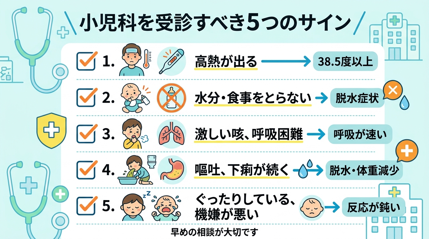 チェックリスト形式のイラスト。「小児科を受診すべき5つのサイン」として、各項目にチェックボックスと日本語テキスト。背景に聴診器と病院のアイコン。画像内のすべての...