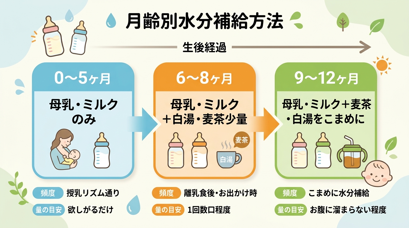 月齢別の水分補給方法を3段階で示すフロー図。「0〜5ヶ月:母乳・ミルクのみ」→「6〜8ヶ月:母乳・ミルク+白湯・麦茶少量」→「9〜12ヶ月:母乳・ミルク+麦茶・...