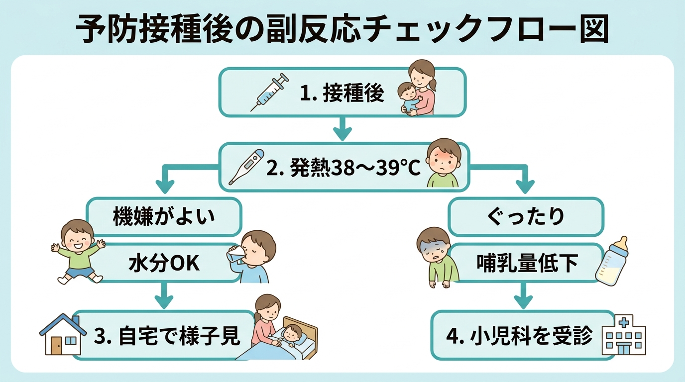 予防接種後の副反応チェックフロー図。「接種後」→「発熱38〜39℃」→分岐「機嫌がよい・水分ok」→「自宅で様子見」、分岐「ぐったり・哺乳量低下」→「小児科を受...