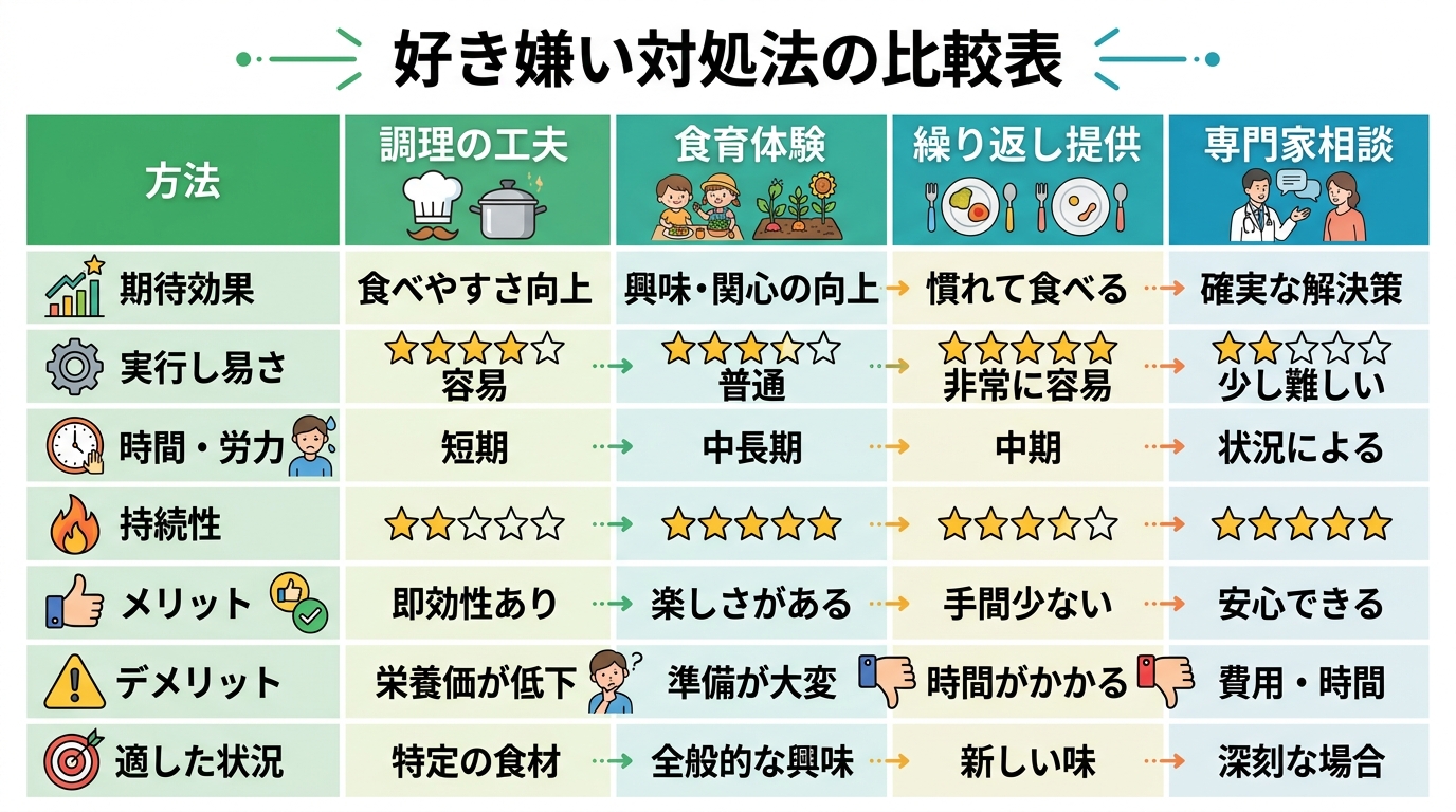 対処法の比較表（調理の工夫・食育体験・繰り返し提供・専門家相談）を日本語ラベルで示した表形式の図解。画像内のすべてのテキスト・ラベル・見出しは自然な日本語で書く...