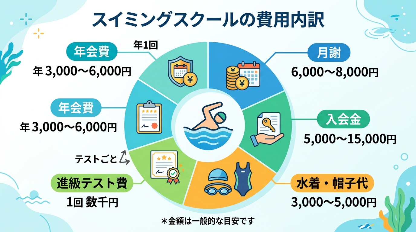 スイミングスクールの費用内訳を示す円グラフ風インフォグラフィック。「月謝（6,000〜8,000円）」「入会金（5,000〜15,000円）」「水着・帽子代（3...