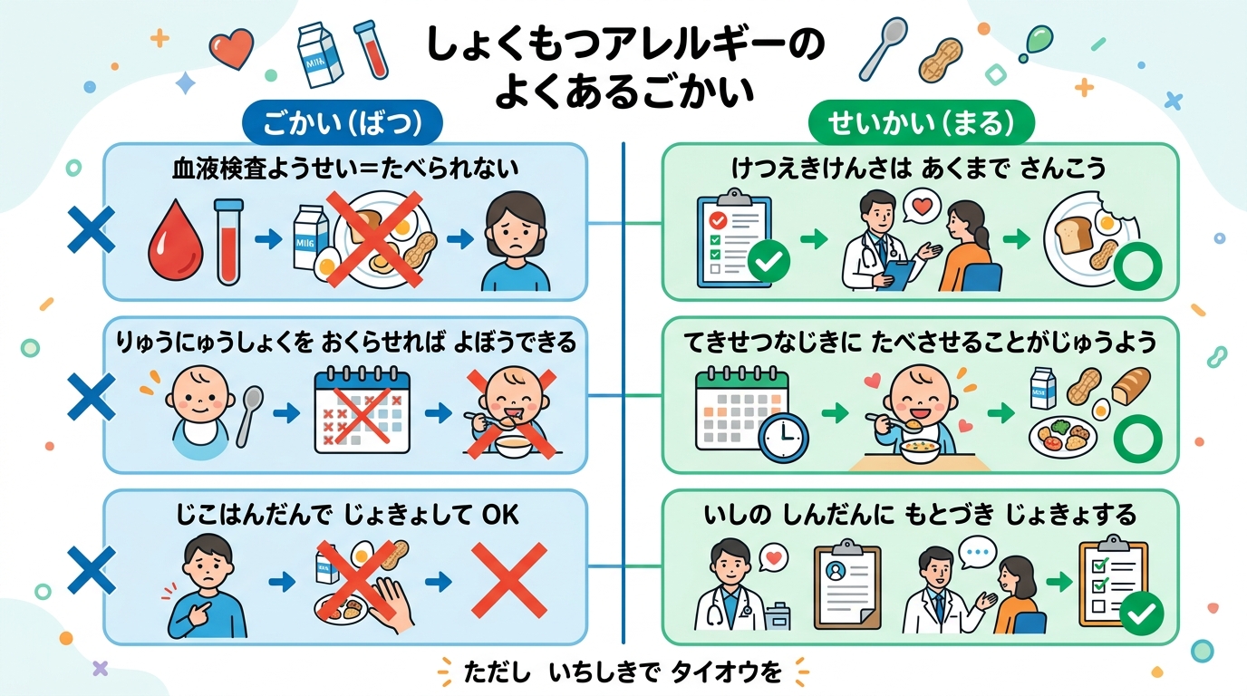 食物アレルギーの「よくある誤解」をバツ印とマル印で対比する図解。左側に「誤解（バツ）：血液検査陽性＝食べられない」「誤解：離乳食を遅らせれば予防できる」「誤解：...