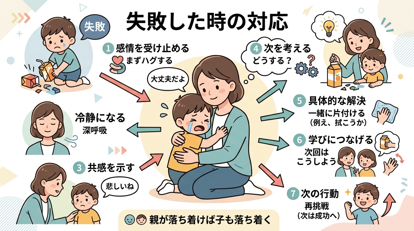 失敗時の正しい対応を示すイラスト。親が冷静に子供を抱きしめ、次はどうしようかと話している様子。画像内のすべてのテキスト・ラベル・見出しは自然な日本語のみで書くこ...