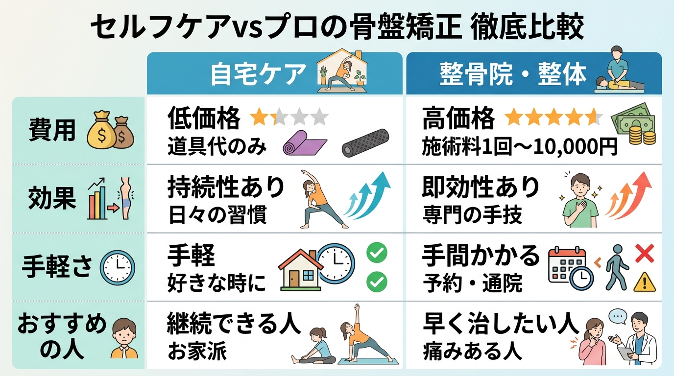 セルフケアvsプロの骨盤矯正の比較表（費用・効果・手軽さ・おすすめの人の4軸）。「自宅ケア」と「整骨院・整体」の2列で日本語ラベル付き。画像内のすべてのテキスト...