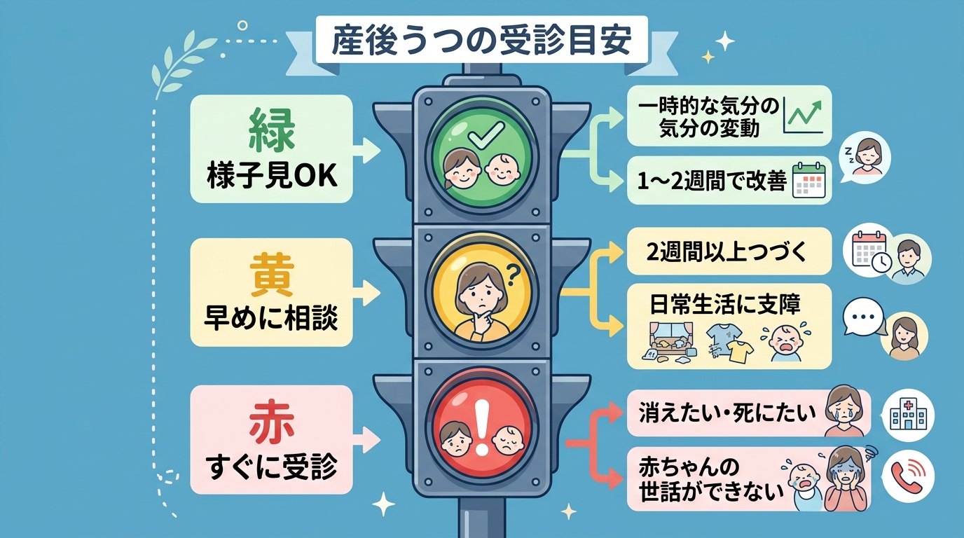 産後うつの受診目安を示す信号機型のイラスト。緑（様子見ok）＝「一時的な気分の変動、1〜2週間で改善」、黄色（早めに相談）＝「2週間以上つらさが続く、日常生活に...