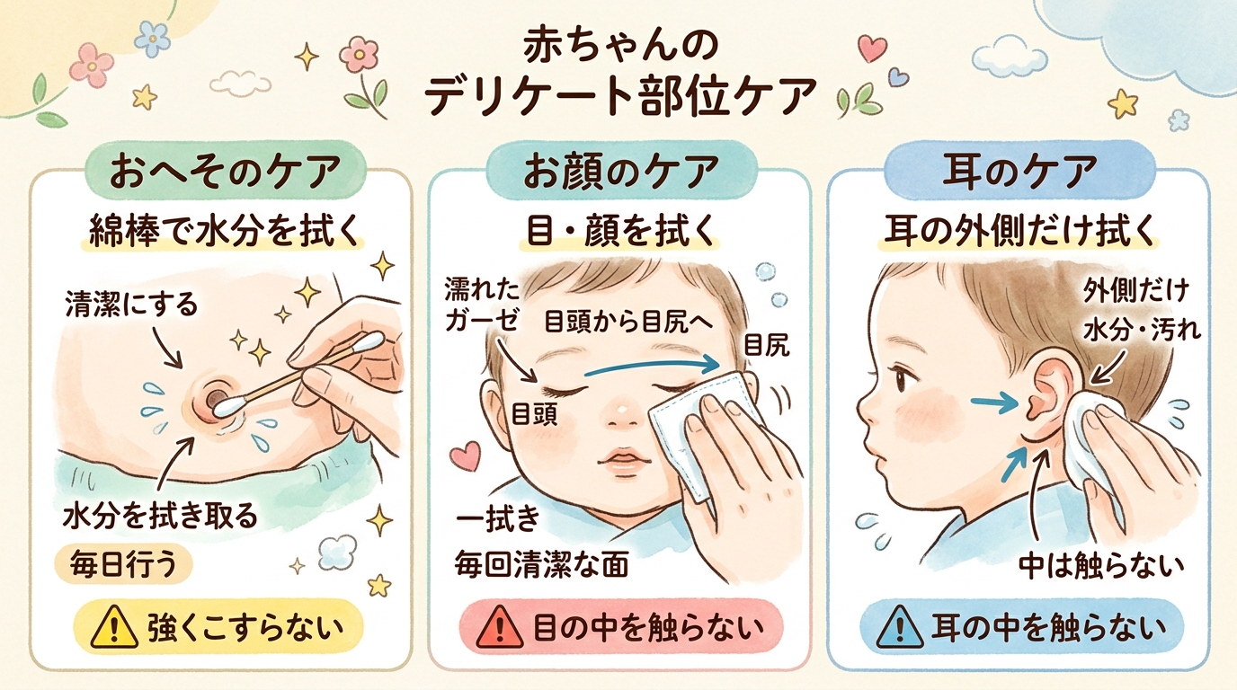新生児のデリケート部位ケアを示す3分割イラスト。左から「臍の緒：綿棒で水分を優しく拭き取る」「目・顔：ガーゼの清潔な面で目頭から目尻に一拭き」「耳：耳の外側だけ...