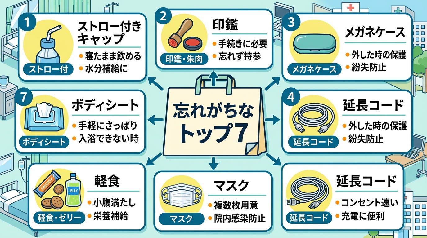 入院バッグで意外と忘れがちなアイテム集の図解。中央に「忘れがちなトップ7」と日本語見出しを配置し、周囲に「ストロー付きキャップ」「印鑑」「メガネケース」「延長コ...