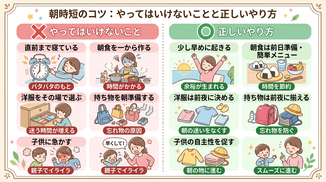 Ng例とok例を対比するインフォグラフィック。バツ印とマル印で視覚的にわかりやすく表現。朝時短のやってはいけないことと正しいやり方。明るいパステル調、子育てフレ...