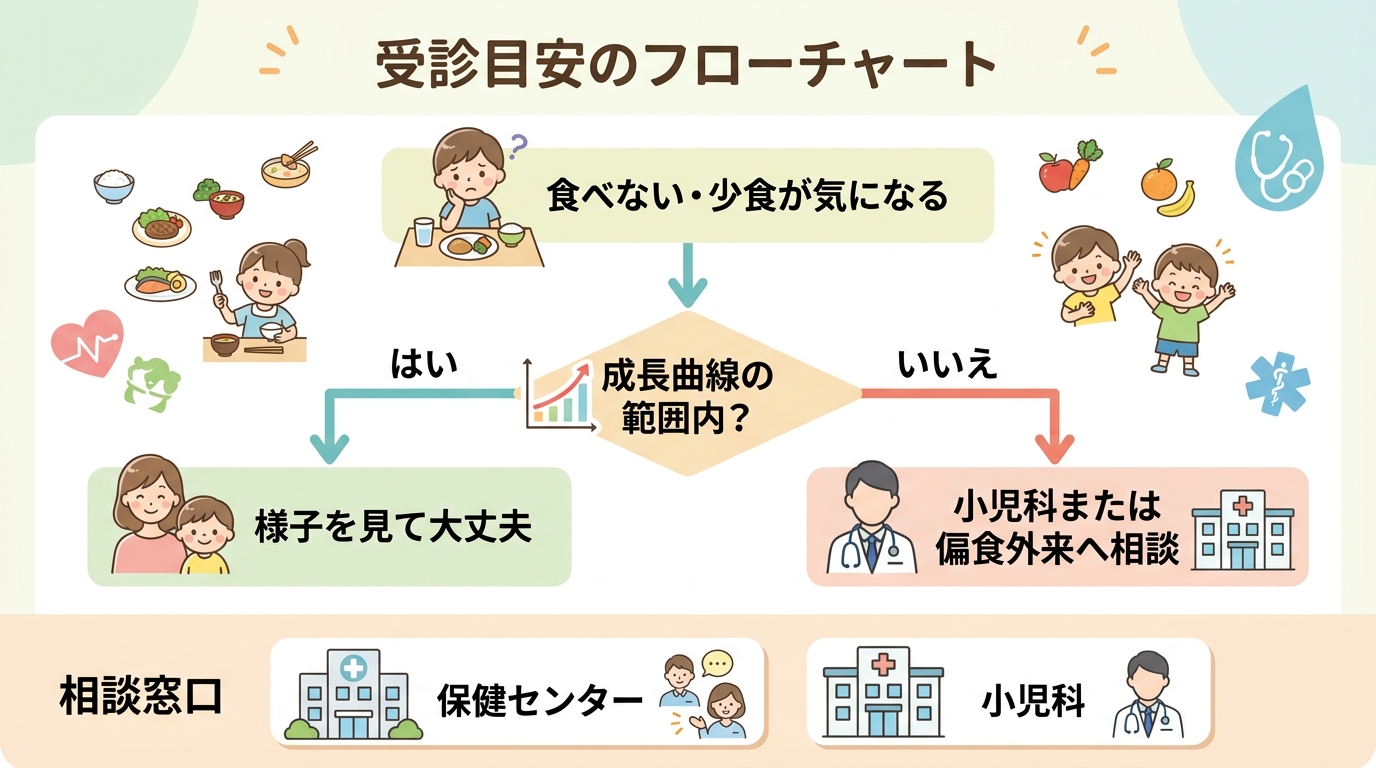 受診目安のフローチャート。「食べない・少食が気になる」を起点に「成長曲線の範囲内？」のyes/noで分岐。yes→「様子を見て大丈夫」、no→「小児科または偏食...
