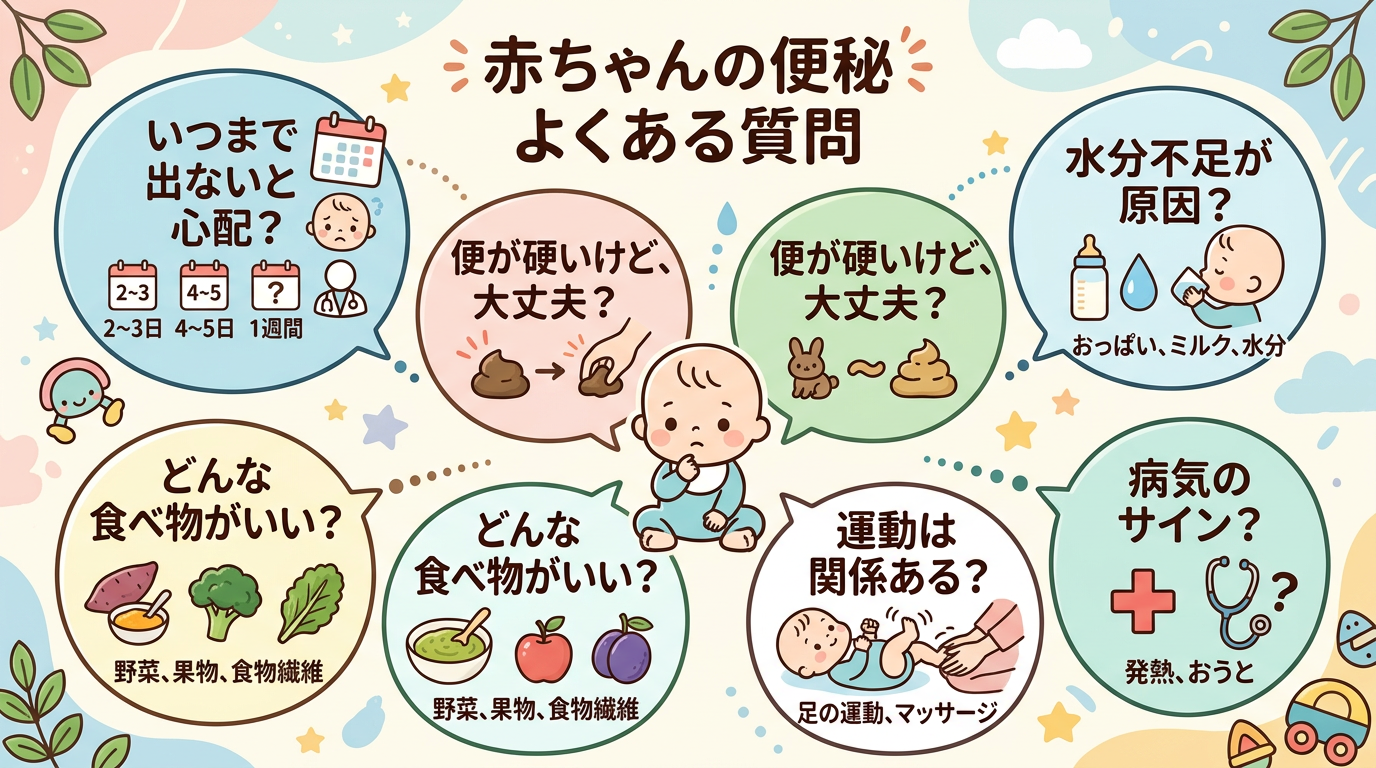 赤ちゃんの便秘に関するよくある質問を吹き出しで並べたイラスト。画像内のすべてのテキスト・ラベル・見出しは自然な日本語のみで書くこと。英語・ローマ字・アルファベッ...