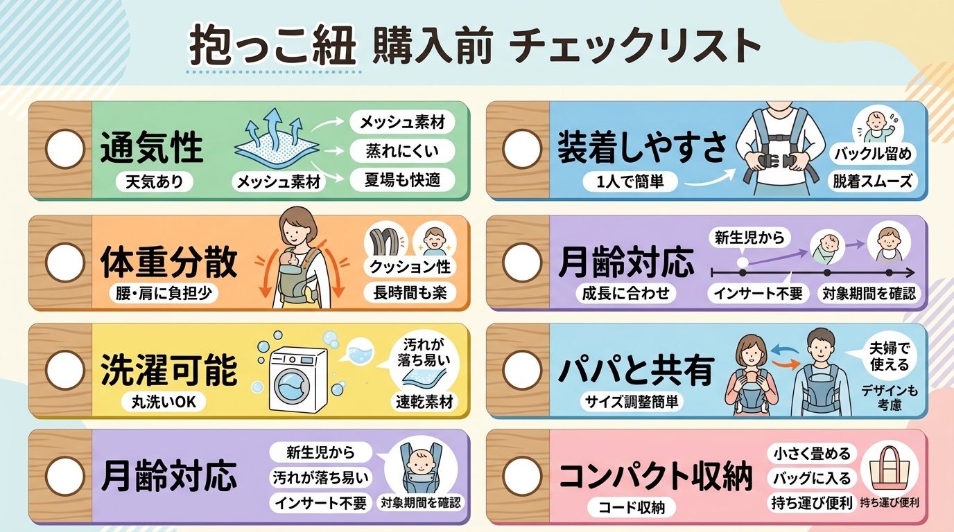抱っこ紐購入前チェックリスト（チェックボックス付き縦リスト）。「通気性」「装着しやすさ」「体重分散」「月齢対応」「洗濯可能」「パパと共有」「コンパクト収納」の7...