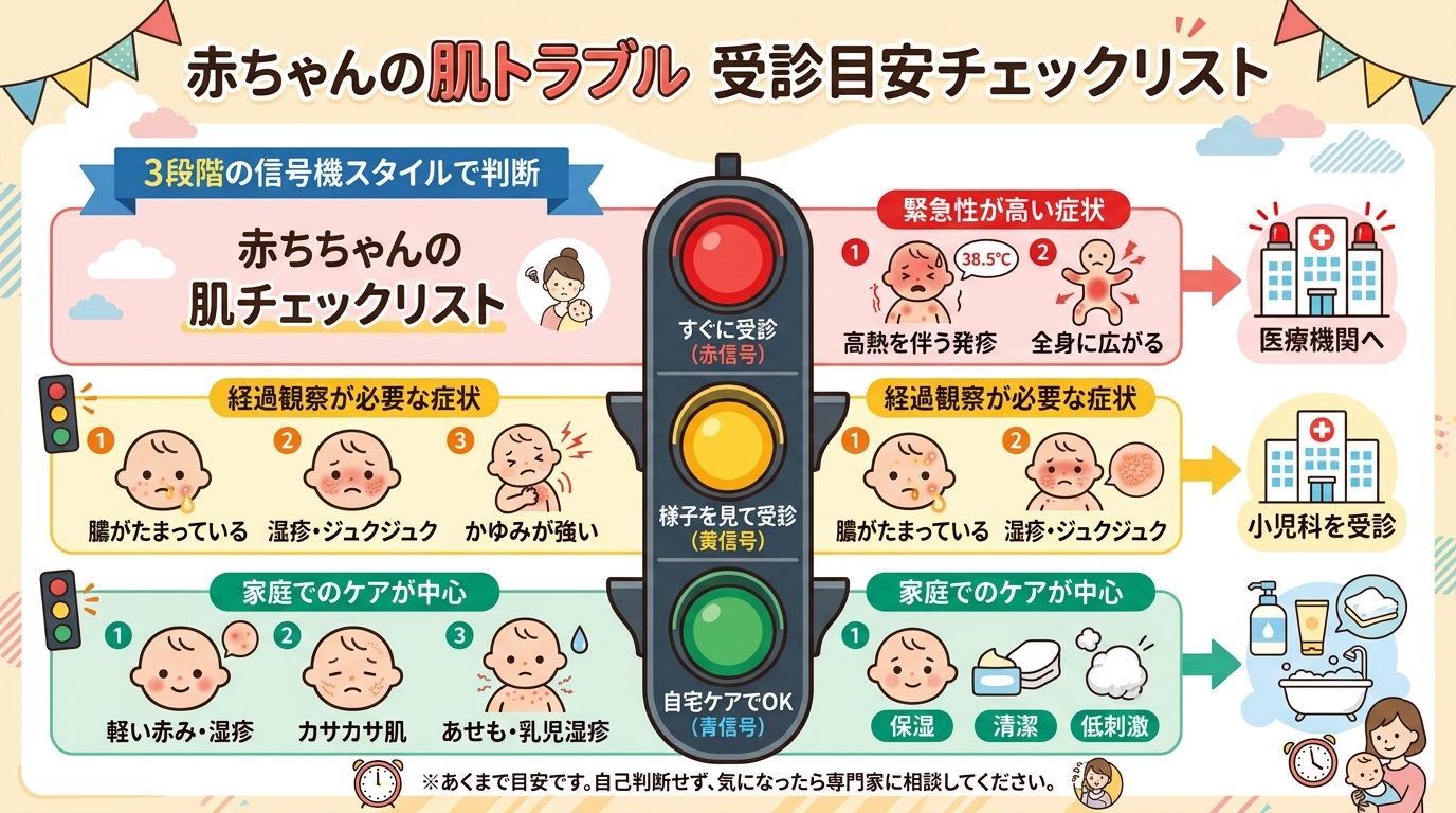 赤ちゃんの肌トラブル受診目安チェックリスト。「すぐに受診（赤信号）」と「様子を見て受診（黄信号）」と「自宅ケアでok（青信号）」の3段階の信号機スタイル図。各段...