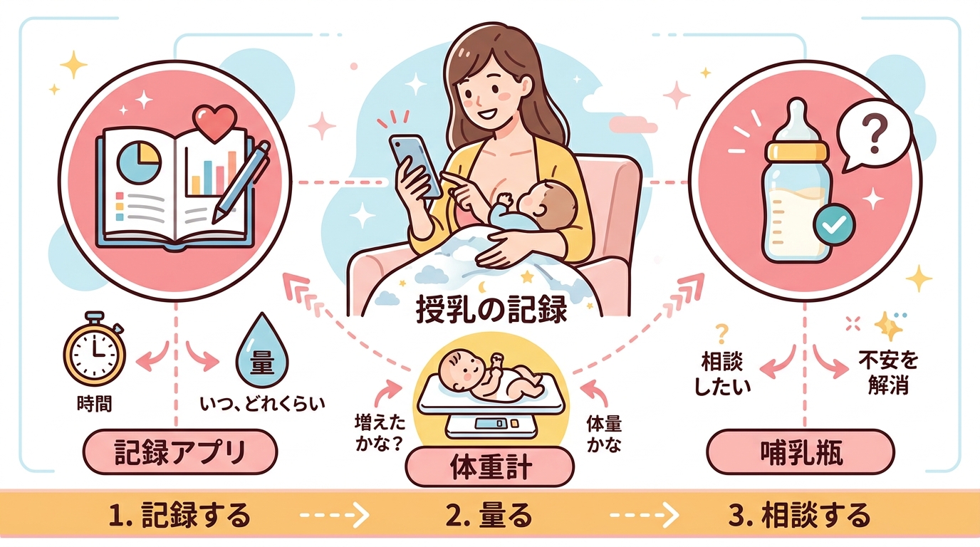ママがスマホで授乳記録をつけているイラスト。横に「記録アプリ」「体重計」「哺乳瓶」のアイコンを配置。日本語で「記録する・量る・相談する」の3ステップラベル。画像...