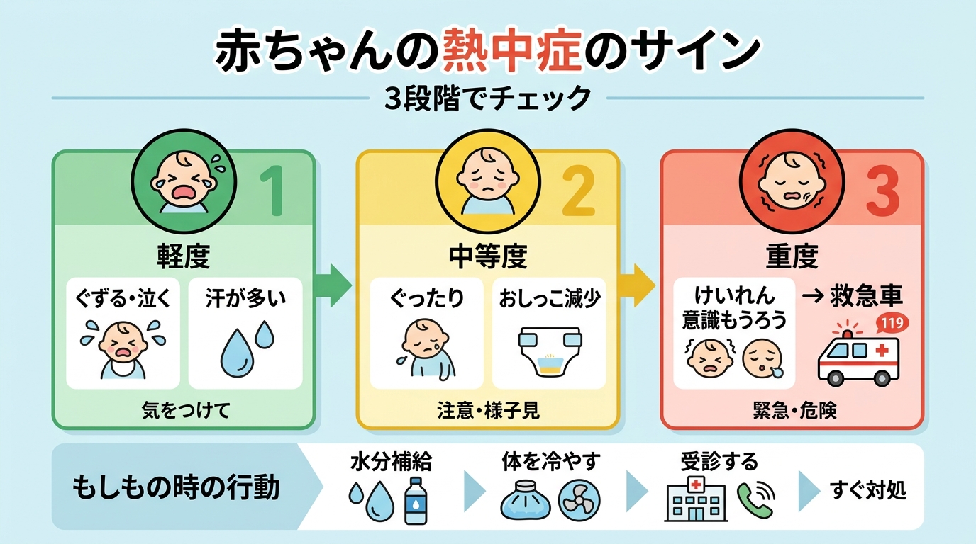 赤ちゃんの熱中症の症状を3段階(軽度・中等度・重度)で信号機形式に図解。緑「軽度:ぐずる・汗が多い」、黄「中等度:ぐったり・おしっこ減少」、赤「重度:けいれん・...