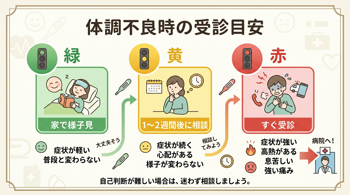 受診目安を信号機の配色で3段階（緑＝家で様子見、黄＝1〜2週間後に相談、赤＝すぐ受診）に分けたフローチャート。画像内のすべてのテキスト・ラベル・見出しは自然な日...