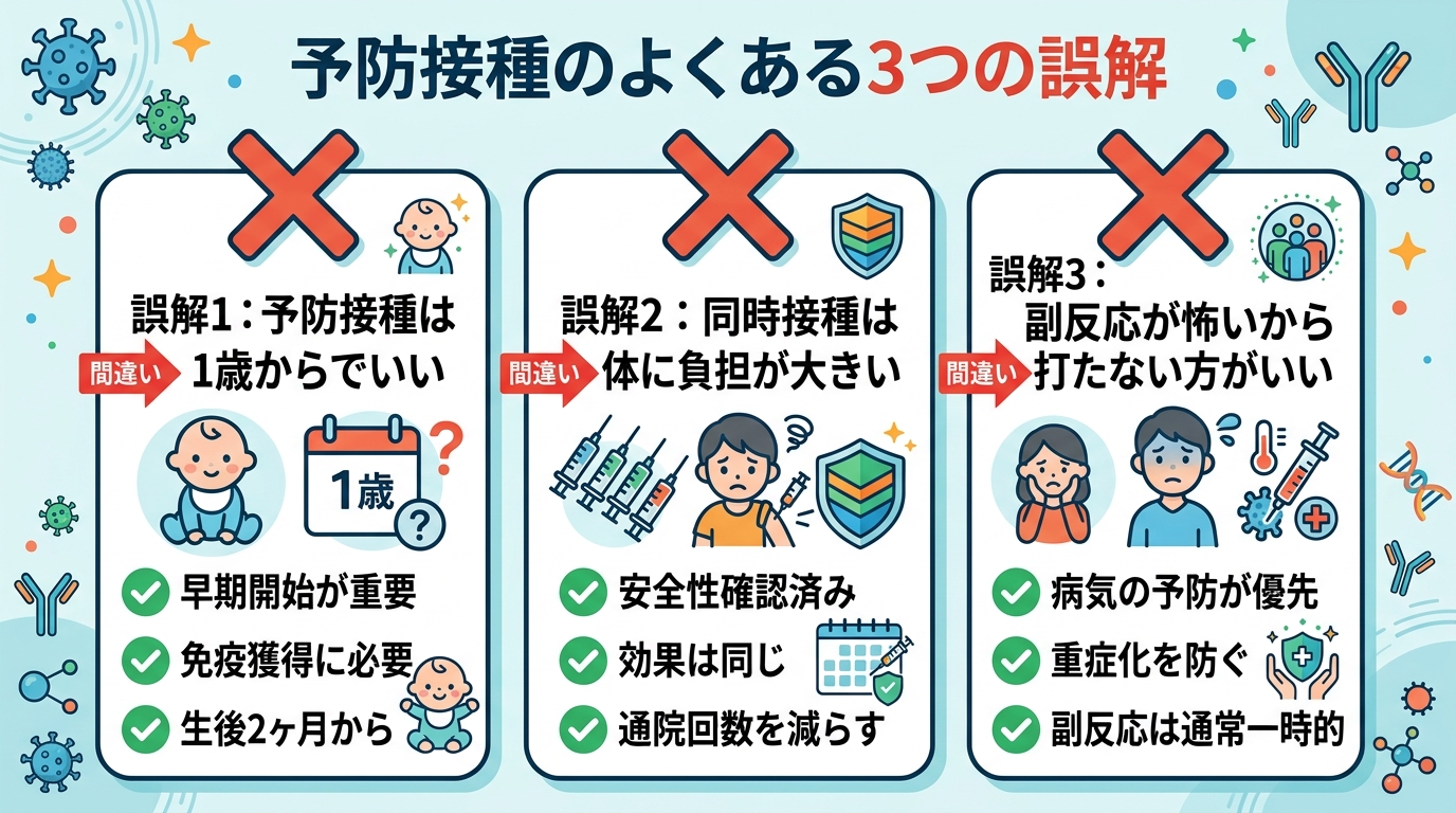 予防接種の3つのよくある誤解を示すバツ印付きリスト図。「誤解1：予防接種は1歳からでいい」「誤解2：同時接種は体に負担が大きい」「誤解3：副反応が怖いから打たな...