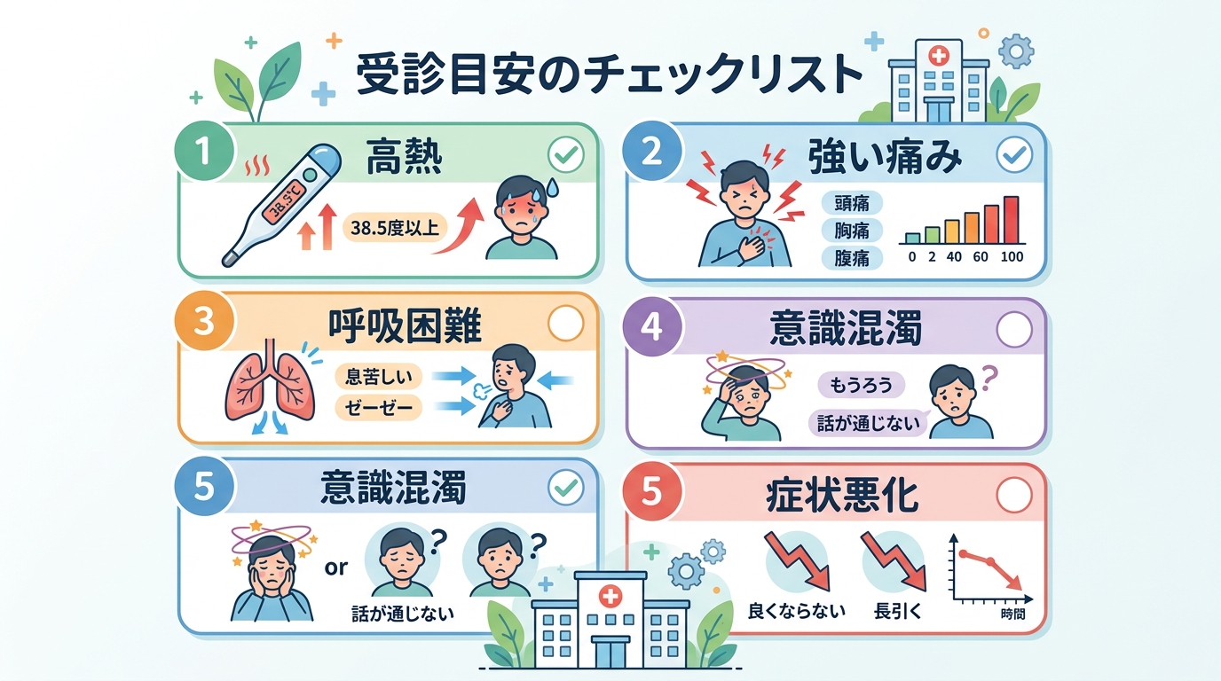 チェックリスト形式で受診目安の5項目を日本語で並べた図解。病院アイコン付き。画像内のすべてのテキスト・ラベル・見出しは自然な日本語で書くこと。ただしツール名・ブ...
