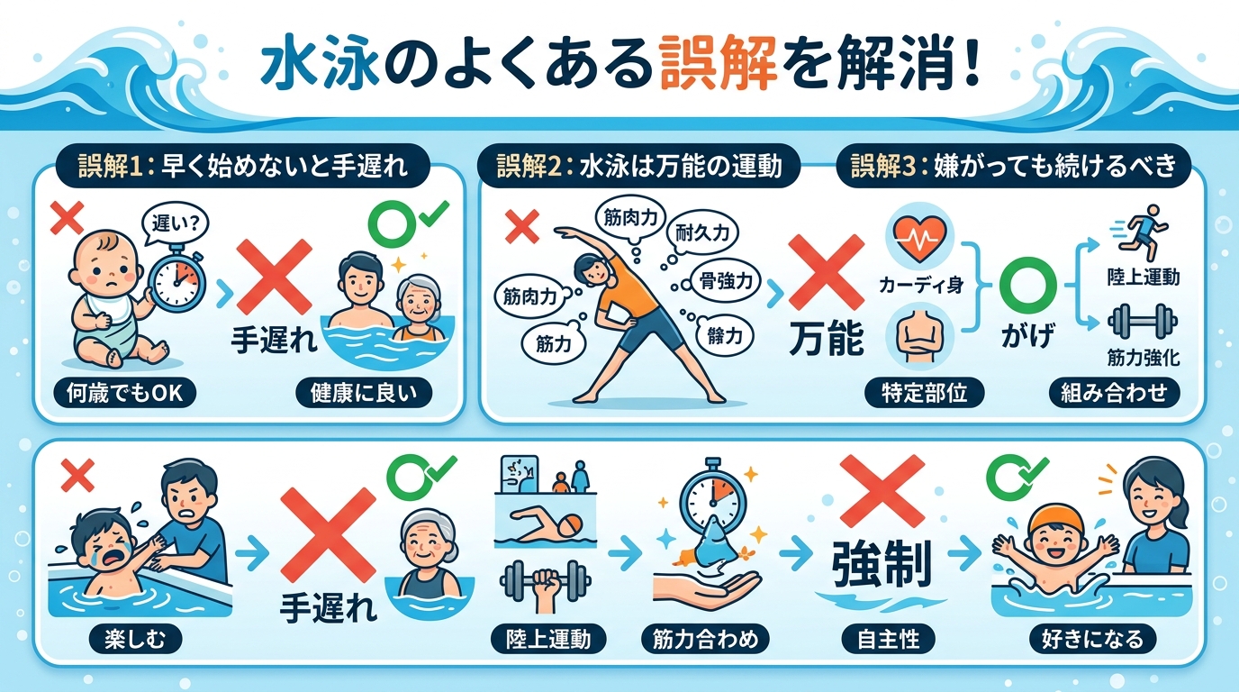 スイミングでよくある3つの誤解を×マークで示すインフォグラフィック。「誤解1: 早く始めないと手遅れ」「誤解2: 水泳は万能の運動」「誤解3:...