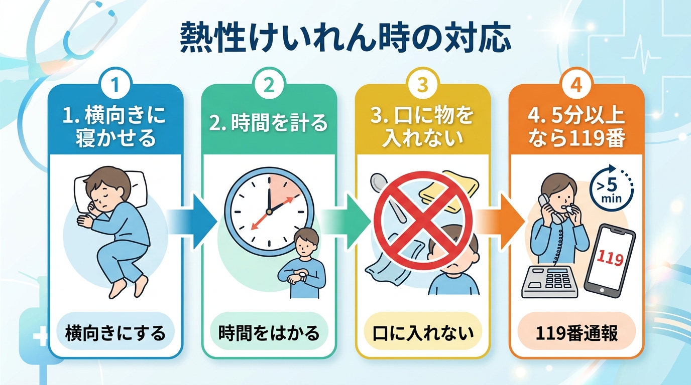 熱性けいれん発生時の対応手順を4ステップで示したフロー図。「1. 横向きに寝かせる」→「2. 時間を計る」→「3. 口に物を入れない」→「4....
