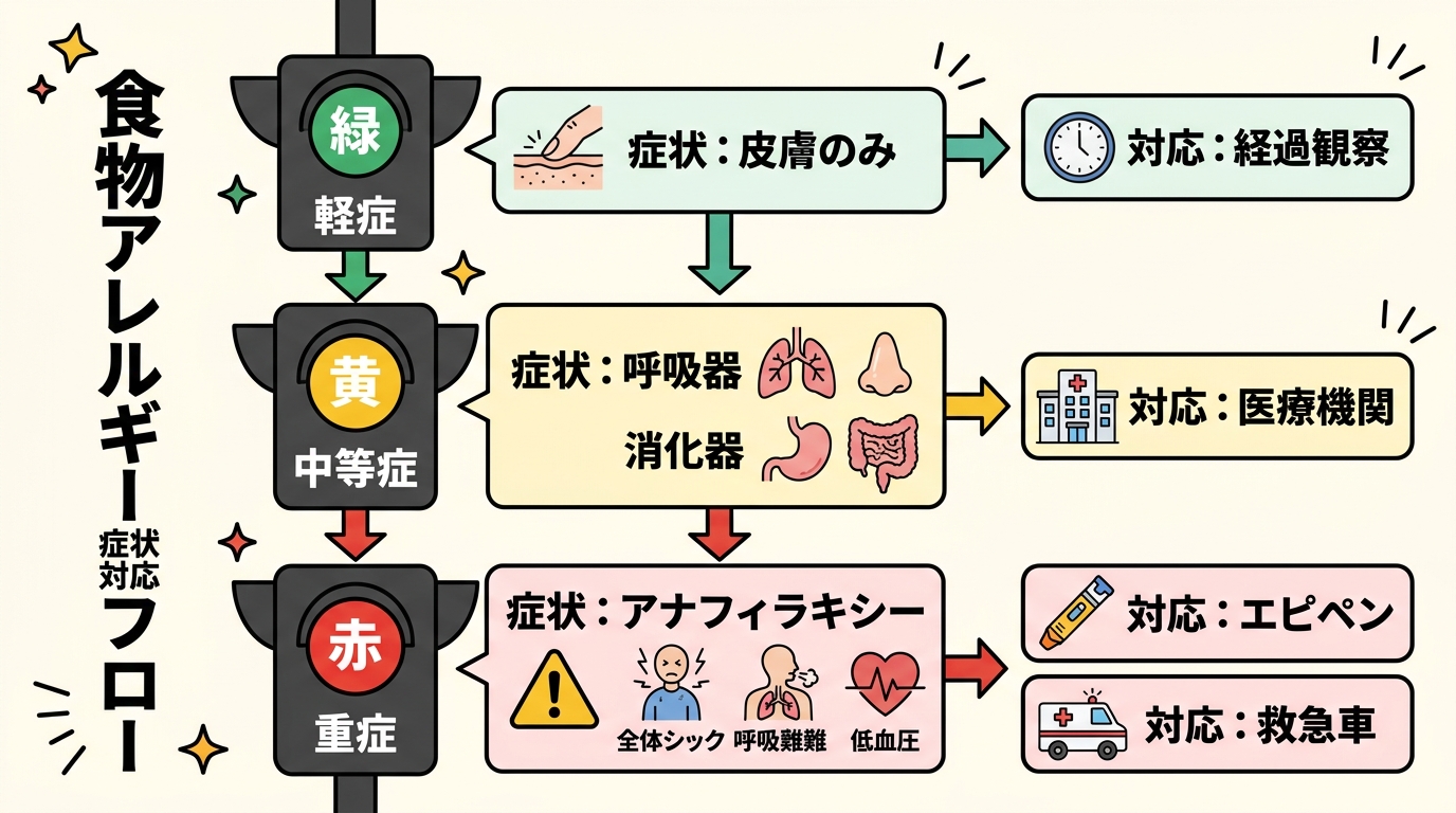 食物アレルギーの症状出現時の対応を信号機の3色で示すフローチャート。緑「軽症（皮膚のみ）→経過観察」、黄「中等症（呼吸器・消化器）→医療機関を受診」、赤「重症（...