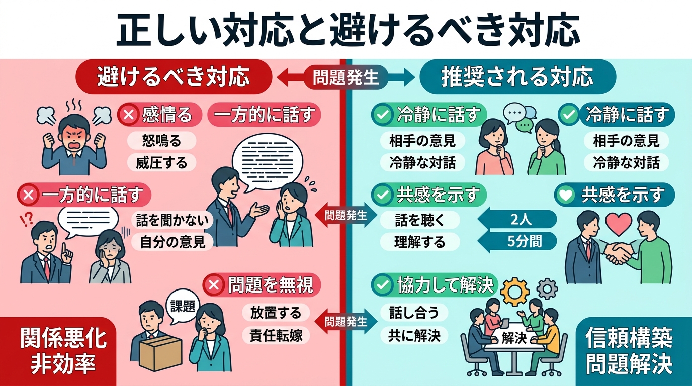 Ng対応を示す比較図。「避けるべき対応」と「推奨される対応」の左右比較。画像内のすべてのテキスト・ラベル・見出しは自然な日本語のみで書くこと。英語・ローマ字・ア...
