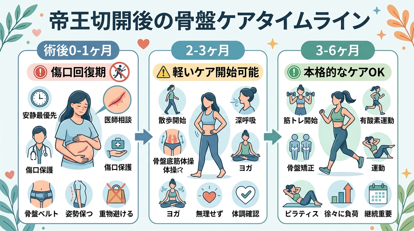 帝王切開後の骨盤ケア開始時期タイムライン（術後0-1ヶ月→2-3ヶ月→3-6ヶ月の3段階）。各段階に「傷口回復期」「軽いケア開始可能」「本格的なケアok」の日本...