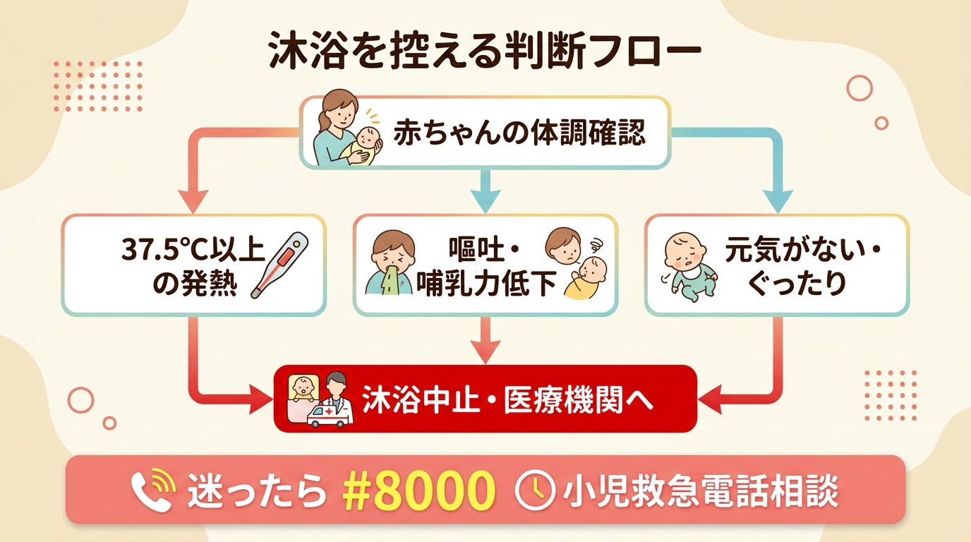 沐浴を控える判断フロー図。「赤ちゃんの体調確認」を起点に、3つの分岐（37.5℃以上の発熱／嘔吐・哺乳力低下／元気がない・ぐったり）から「沐浴中止→医療機関へ相...