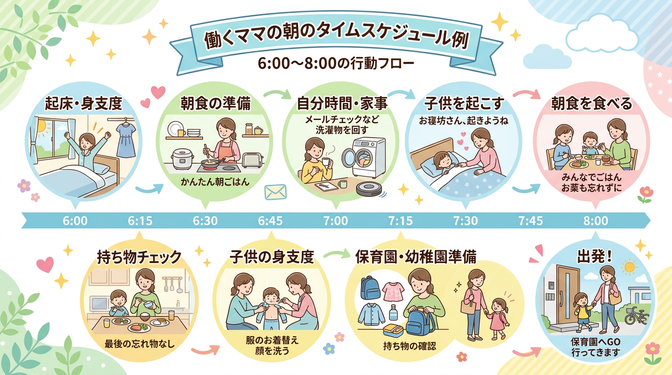 ワーママの朝のタイムスケジュール例のインフォグラフィック。6:00〜8:00の時間軸に沿って行動フローを配置。明るいパステル調、子育てフレンドリー、朝の爽やかさ...
